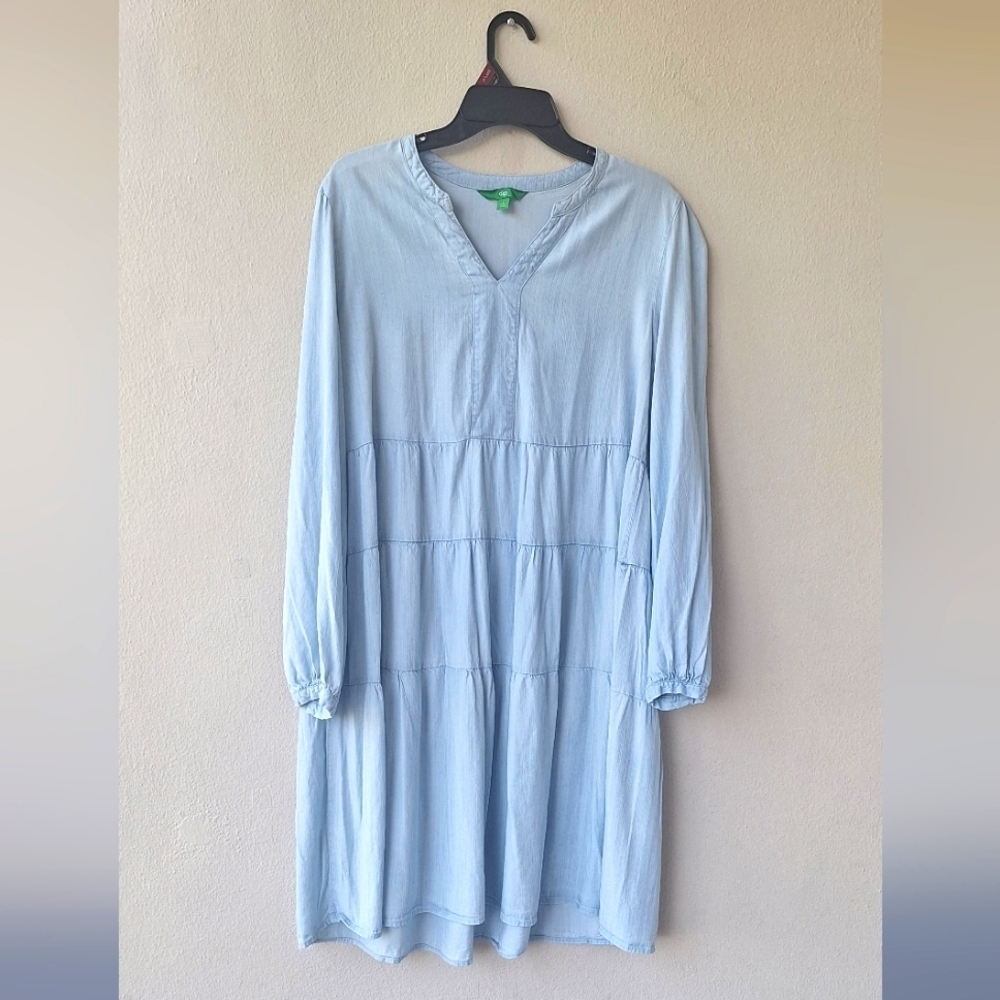 Dip Women's Light Blue Denim Tiered Ruffle Notched Neck Dress Size L - Picture 2 of 6